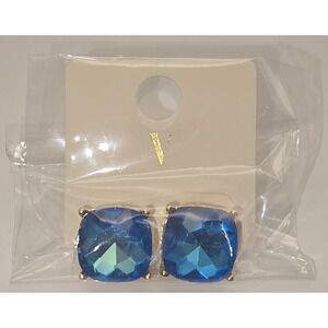 Square Faux Blue Stone Gold‎ Tone Stud Earrings -574